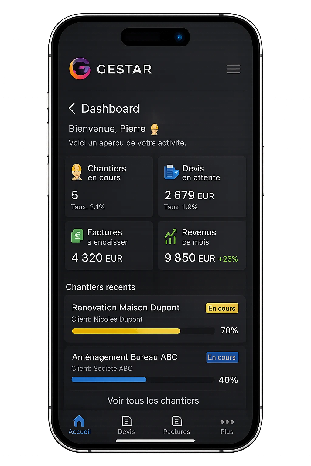 Mockup smartphone Gestar affichant un dashboard chantier et facturation
